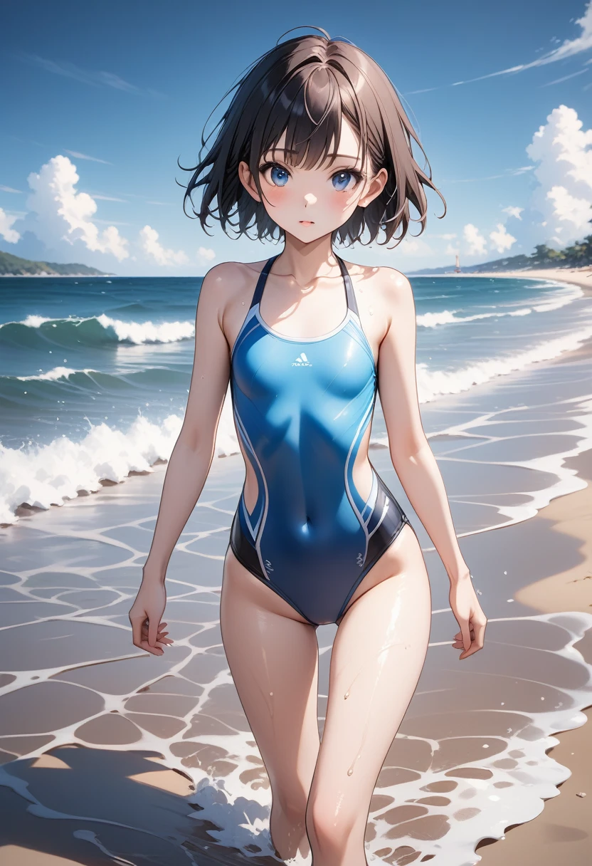 Highest quality, ai-generated,Best Anime 8K Konachan Wallpaper,pixiv Contest Winner,Perfect Anatomy, break,(Please draw a picture of a girl in a Swimwear walking on the beach.),break, 1girl is both ceremonial,(alone, face, 20-year-old:1.5),,Complete limbs, Full Finger, short hair, Dark Hair,Push your hair back with one hand, amount,Flat Chest, Small Ass, ,Beautiful, detailed eyes, between legs, Wet, Glowing Skin,Swimwear, At the Beach.break,Very detailed,High resolution,Very detailed肌, Professional Lighting, figure,
