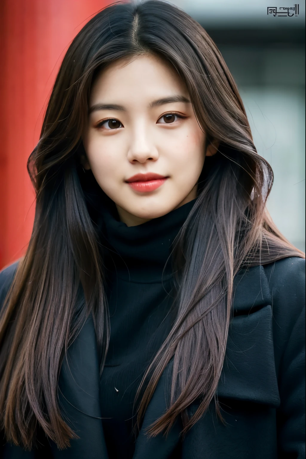 a woman with long hair wearing a black coat and red turtle neck, bae suzy, portrait jisoo blackpink, jisoo of blackpink, jisoo from blackpink, jossi of blackpink, jinyoung shin, blackpink jennie, by Tadashi Nakayama, heonhwa choe, park ji-min, portrait of jossi of blackpink, seseon yoon, lee ji - eun