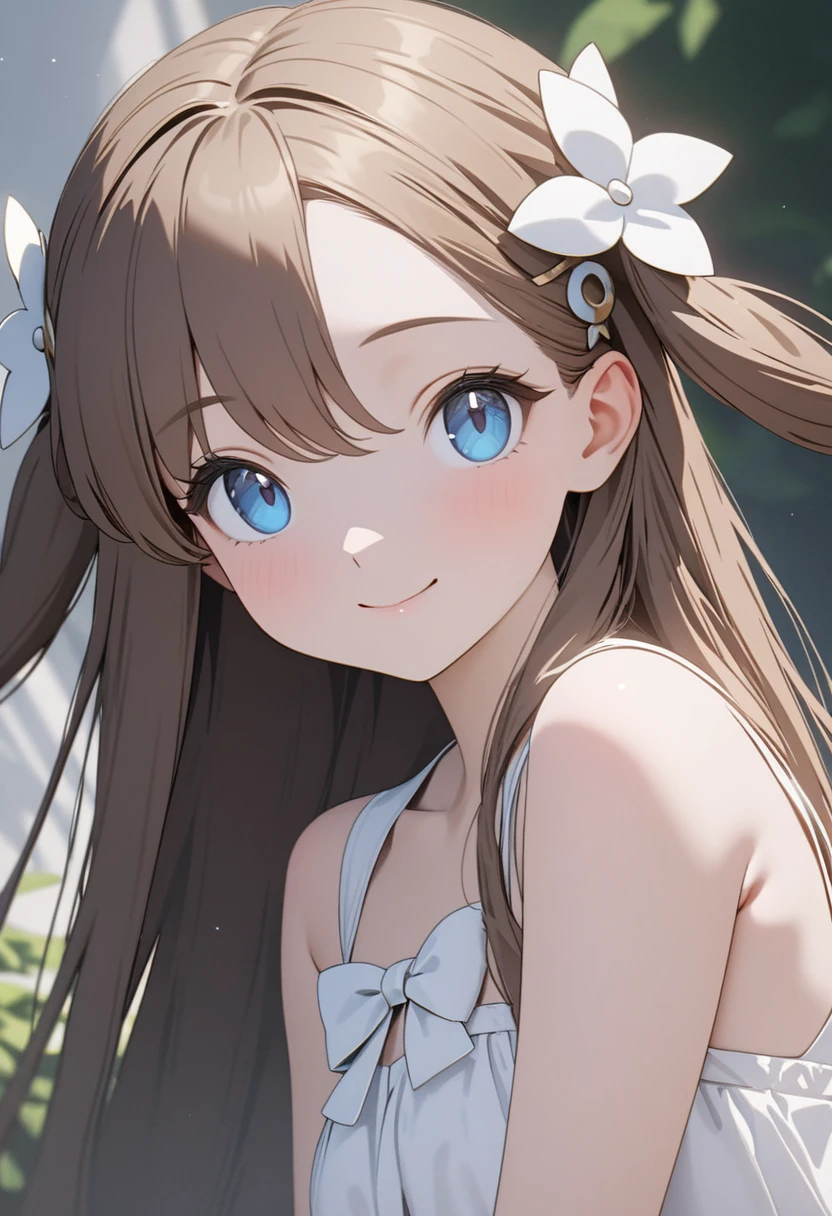(masterpiece, best quality:1.2,ultra detailed,8k),1girl,solo,Jasmine \(pokemon\),bare shoulders,white ????????,blue eyes,brown hair,long hair,looking at viewer,sleeveless,two side up,white bow,hair ornament,smile
