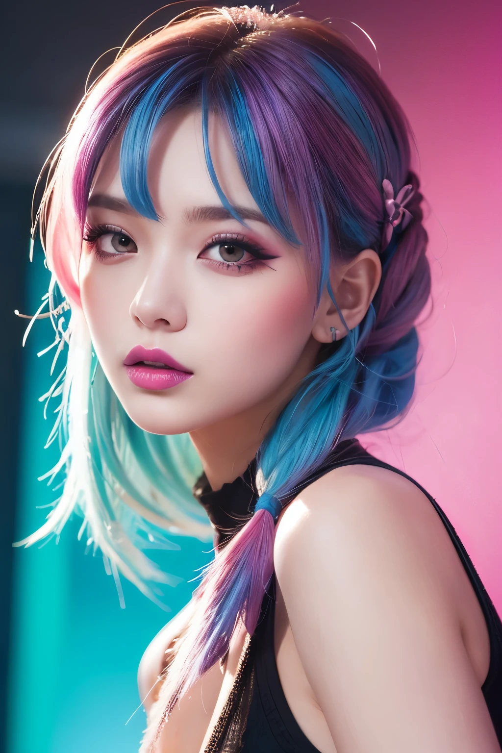 high quality, High resolution, Realistic、8k、masterpiece, completion, detailed.impressive, Cutting-edge female photography portraits, (Holding melted soft serve ice cream)、Showcasing a bold and daring street-art style. Facing forward、cyan, and purple, Her vibrant makeup really catches the eye.. Her colorful hair is tied up high, Blue and pink hues in harmony