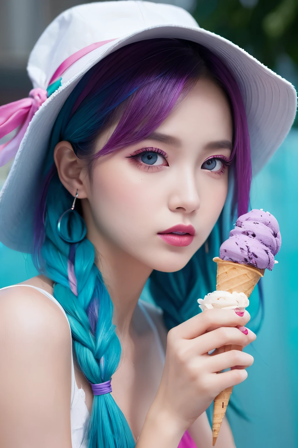 high quality, High resolution, Realistic、8k、masterpiece, completion, detailed.impressive, Cutting-edge female photography portraits, (Holding melted soft serve ice cream)、Showcasing a bold and daring street-art style. Facing forward、cyan, and purple, Her vibrant makeup really catches the eye.. Her colorful hair is tied up high, Blue and pink hues in harmony
