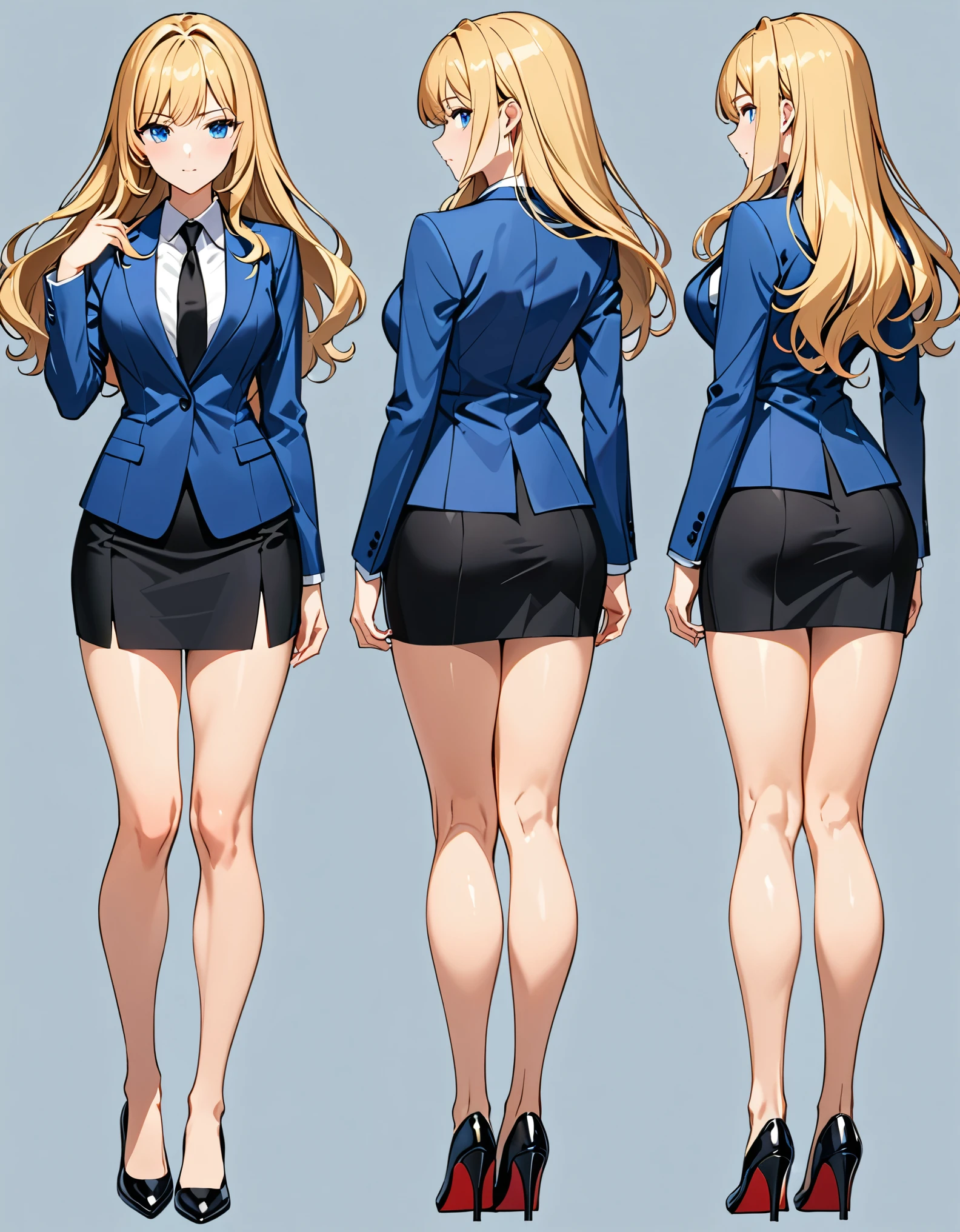 (masterpiece), best quality, highres, 1girl, solo, blue suit and black tie, black pencil skirt, miniskirt, bare legs, matching black shoes, looking at viewer, perfect hands, perfect eyes, perfect legs, perfect arms, perfect fingers, medium breasts, standing, blonde hair, long hair, blue eyes, complete fingers, perfect anatomy, perfect proportions, full body with costume, Simple background, Multiple Views, Character Sheet Full-Length. sfw.