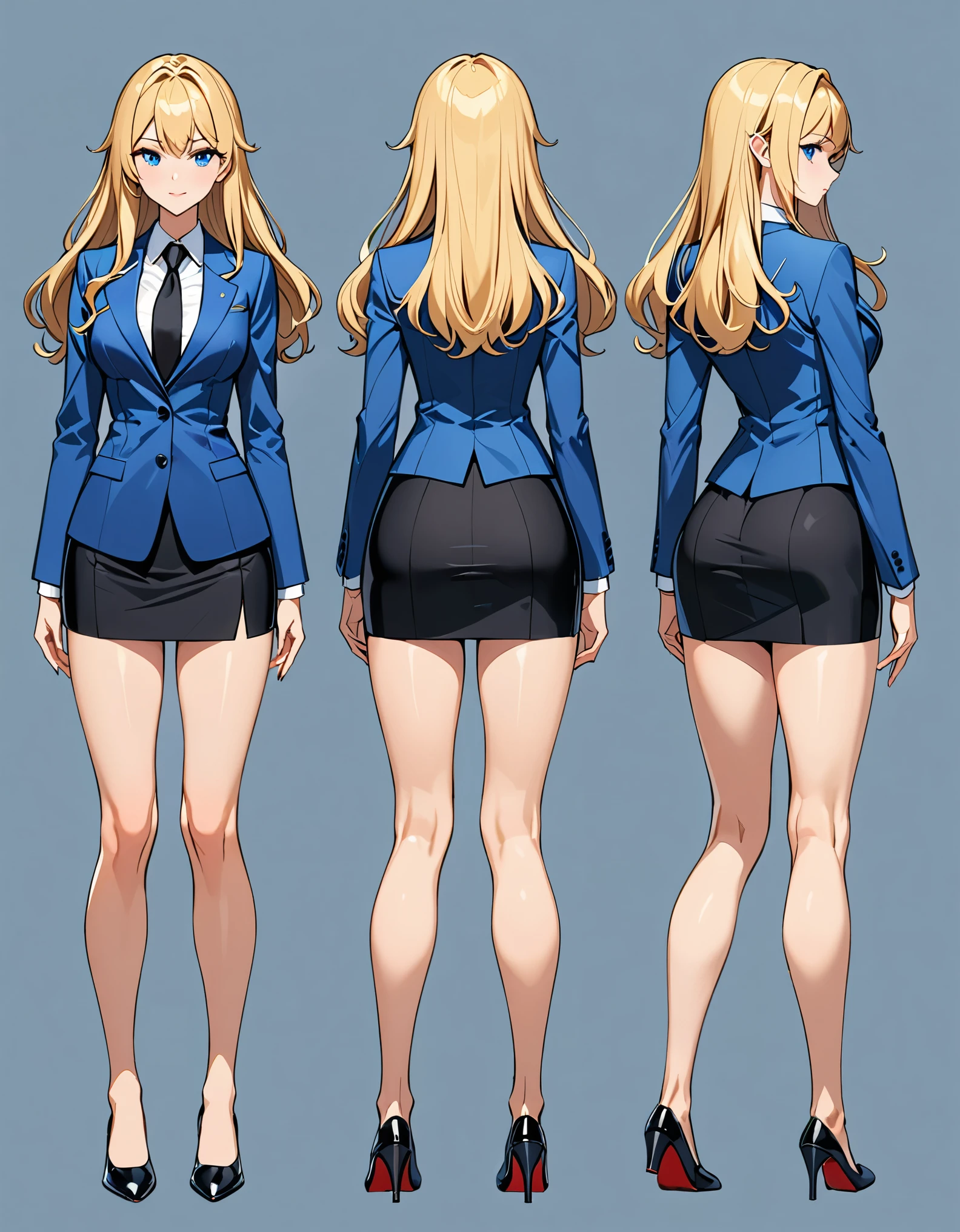 (masterpiece), best quality, highres, 1girl, solo, blue suit and black tie, black pencil skirt, miniskirt, bare legs, matching black shoes, looking at viewer, perfect hands, perfect eyes, perfect legs, perfect arms, perfect fingers, medium breasts, standing, blonde hair, long hair, blue eyes, complete fingers, perfect anatomy, perfect proportions, full body with costume, Simple background, Multiple Views, Character Sheet Full-Length. sfw.