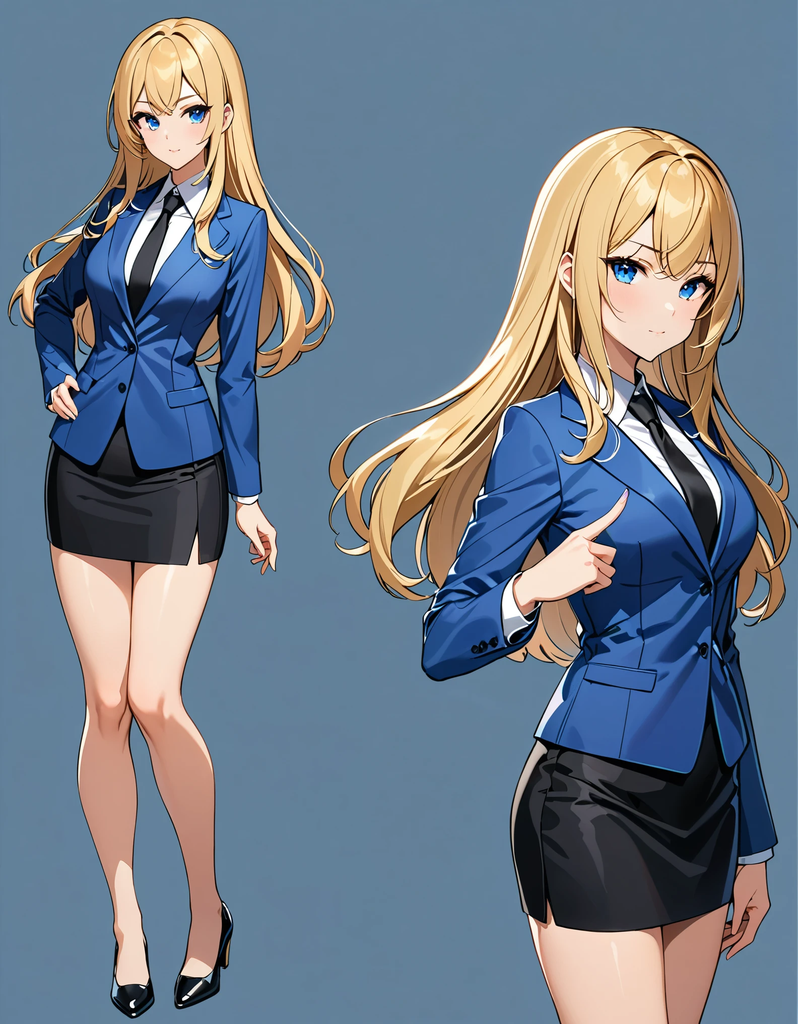 (masterpiece), best quality, highres, 1girl, solo, blue suit and black tie, black pencil skirt, miniskirt, bare legs, matching black shoes, looking at viewer, perfect hands, perfect eyes, perfect legs, perfect arms, perfect fingers, medium breasts, standing, blonde hair, long hair, blue eyes, complete fingers, perfect anatomy, perfect proportions, full body with costume, Simple background, Multiple Views, Character Sheet Full-Length. sfw.