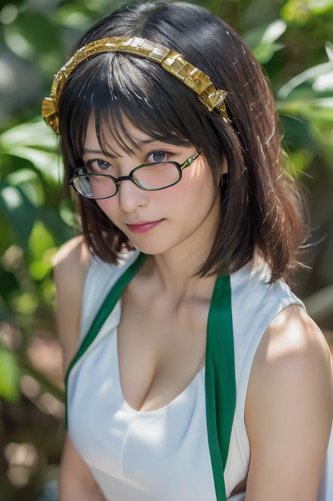 Highest quality, masterpiece, High resolution, alone, (Kirishima Kai Ni_Fleet Collection:1.15), short_hair, Glasses, black_hair, hairband, ((Non-traditional_Shrine maiden, blackいプリーツスカート,)) Green Frame_Glasses, headgear, One girl,