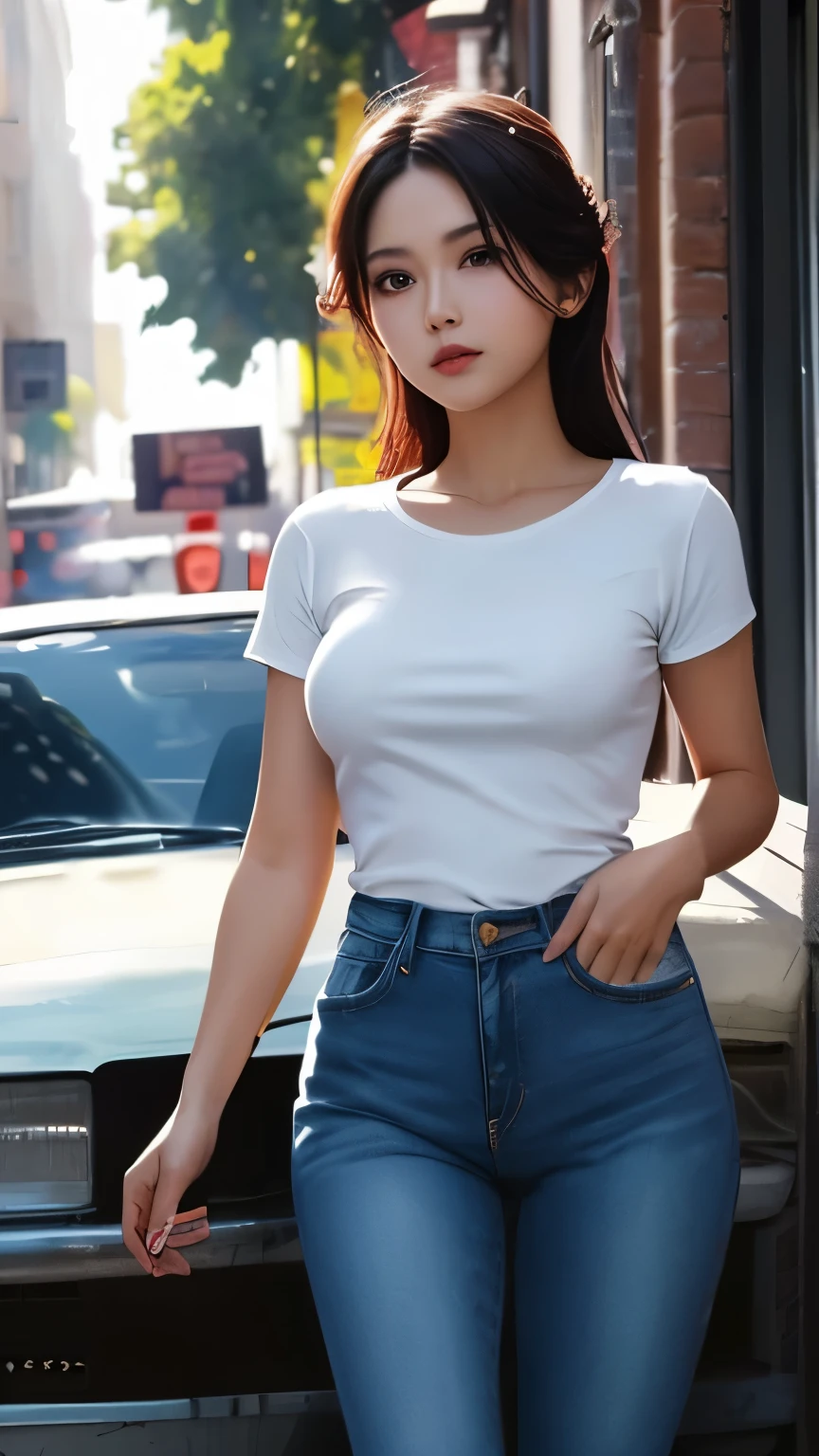 (masterpiece, top quality, best quality, official art, beautiful:1.2), 1girl , wearing white t shirt and jeans, detailed outdoor background, cinematic lighting