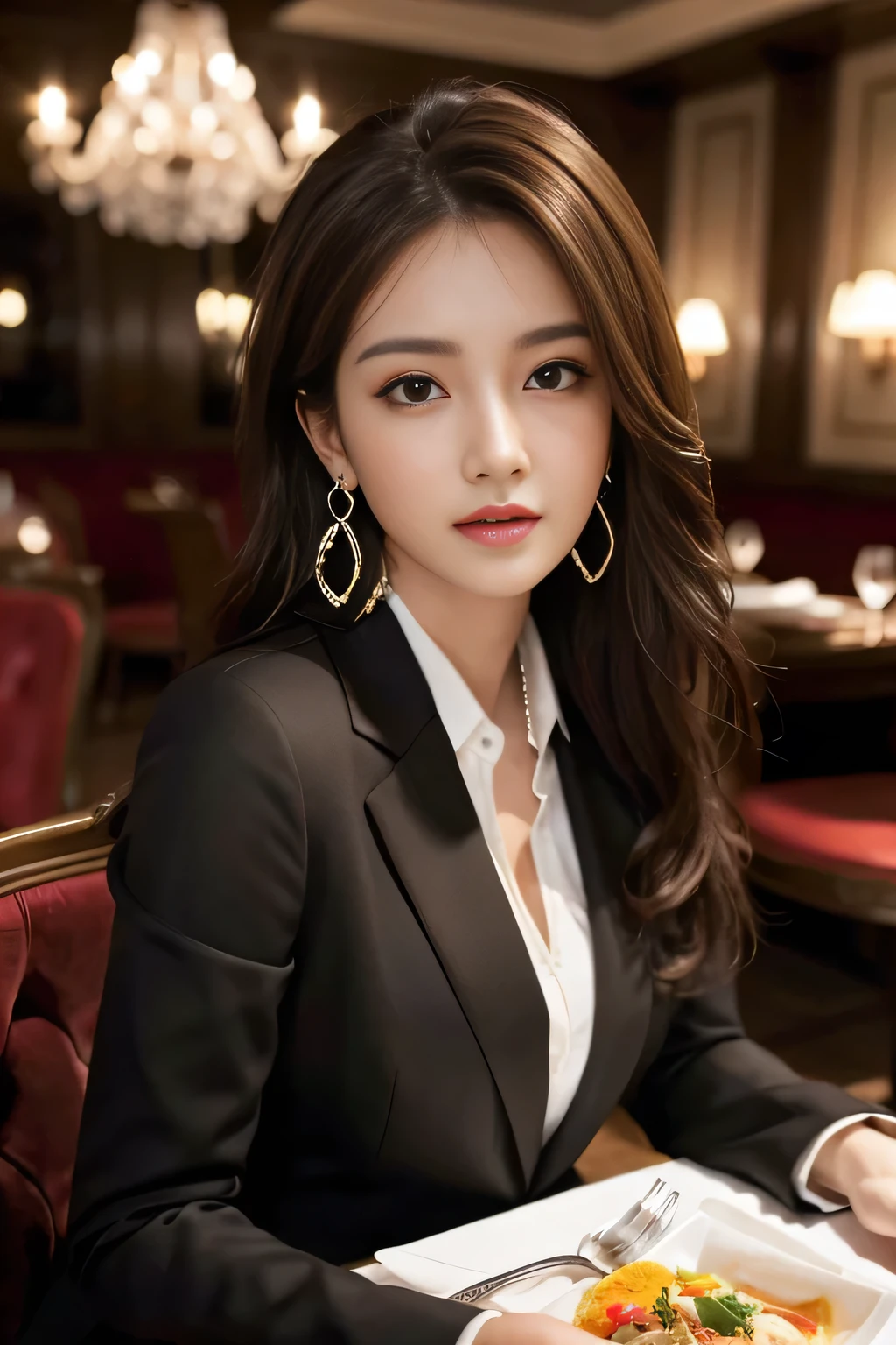 masterpiece, Highest quality, Realistic, Very detailed, Finer details, High resolution, 8k wallpaper, One beautiful woman, Wear a nice suit, In a great restaurant, At night, Light brown messy hair, Perfect dynamic composition, Beautiful and beautiful eyes、Big earrings、Sit on a chair、