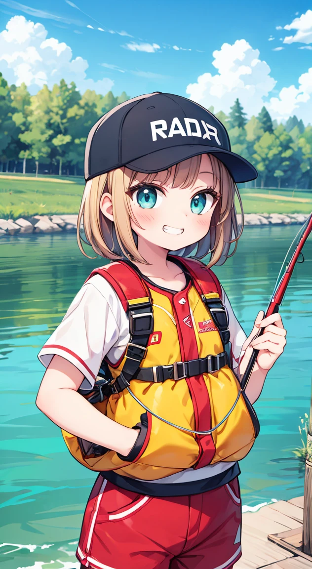 One Girl, 10 years old, , cute, alone, Grin, Mischievous Smile, Flat Chest, cute children fashion,Fishing in the river,fishing rod,Wearing a life jacket,Wear a baseball hat,