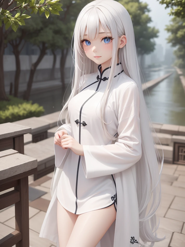 masterpiece, Highest quality, night, Outdoor, rainy days, branch, Chinese style, ancient China, 1 female,  A woman with long silvery white hair, Gray blue eyes, Pale pink lips, cold, Severe, weak, bangs, assassin,  White clothes, Black clothing pattern, stains,  Injury, rain, Beautiful Face, Beautiful Face,Sensual smile、