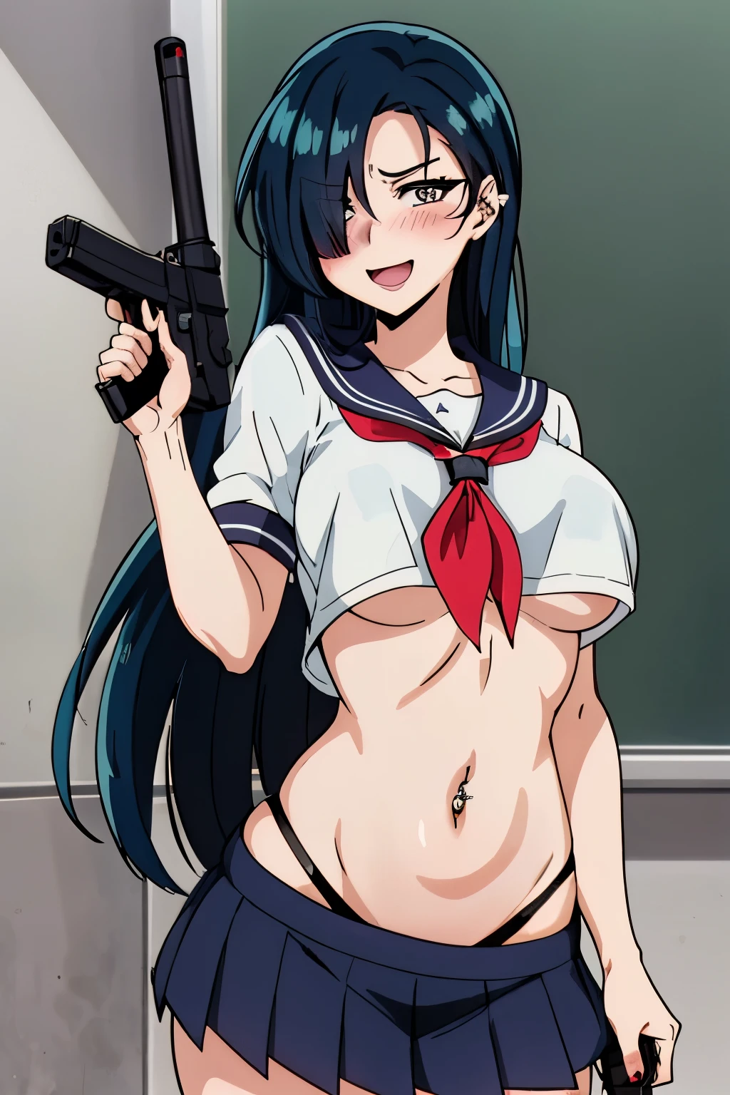 IM, 1girl, solo, hair over one eye, big breasts, blush,  perfect quality, blush, lipstick, long hair, crazy eyes ,Hot girl, baddie, staring, glaring, bad attitude, mean girl, dare, angry, hate, crazy, smoking, sensual, attractive, masterpiece, best quality, highly detailed, a anime girls in sailor uniforms with a gun posing for a picture,
evil smile, smile, open mouth,black_serafuku, ecchi anime style, anime girls , (nsfw) not safe for work,
ecchi style, ecchi, shipgirls, digital anime art!!, high school girls, holding a gun, hold a gun, anime style 4
k, micro skirt, exposed belly, exposed navel, exposed midriff, holding pistol,underboob,
exposed lower belly,school, classroom, navel piercing