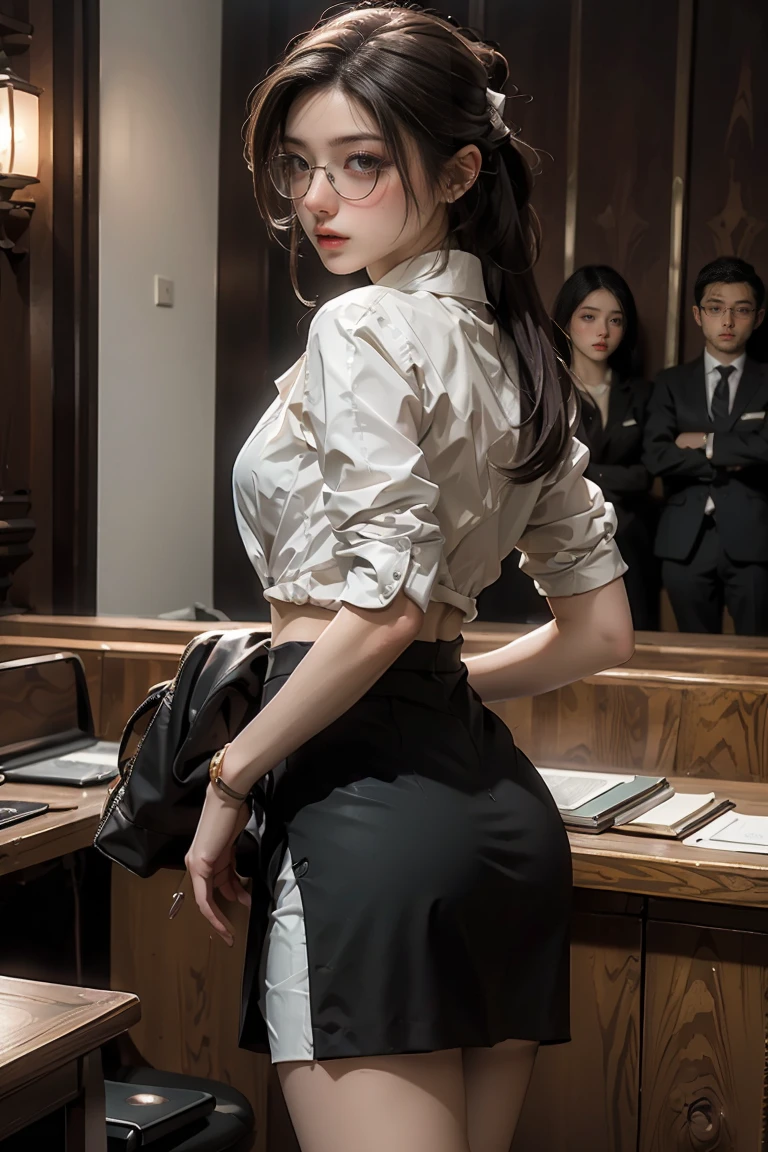 ((Masterpiece, top quality, high resolution, highly detailed CG unified 8K wallpaper, photorealistic, Raw photo, 8K)), (Female lawyer, persuading jurors in court:1.3), (wearing black suit, white shirt and tight black skirt, black tights:1.2), silver-rimmed glasses and thin watch, small gold badge on left breast of suit, holding bundle of documents in one hand, fountain pen in other hand, view from behind, View from below, facing away,