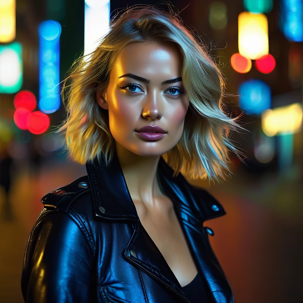 young 27 years old woman, Xenia, looking alike Yvonne Strahovski, close -up standing tall in the middle of a city street. The dark street is illuminated by flashing red and blue police lights . The woman has short blonde hair, fair skin, and is wearing a black leather jacket over a dark blue t-shirt. She is also wearing dark skinny jeans and white sneakers.