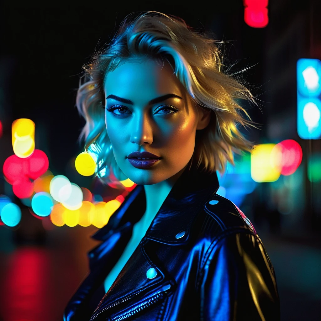 young 27 years old woman, Xenia, looking alike Yvonne Strahovski, close -up standing tall in the middle of a city street. The dark street is illuminated by flashing red and blue police lights . The woman has short blonde hair, fair skin, and is wearing a black leather jacket over a dark blue t-shirt. She is also wearing dark skinny jeans and white sneakers.