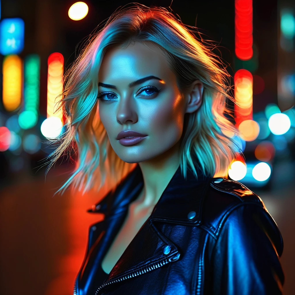 young 27 years old woman, Xenia, looking alike Yvonne Strahovski, close -up standing tall in the middle of a city street. The dark street is illuminated by flashing red and blue police lights . The woman has short blonde hair, fair skin, and is wearing a black leather jacket over a dark blue t-shirt. She is also wearing dark skinny jeans and white sneakers.