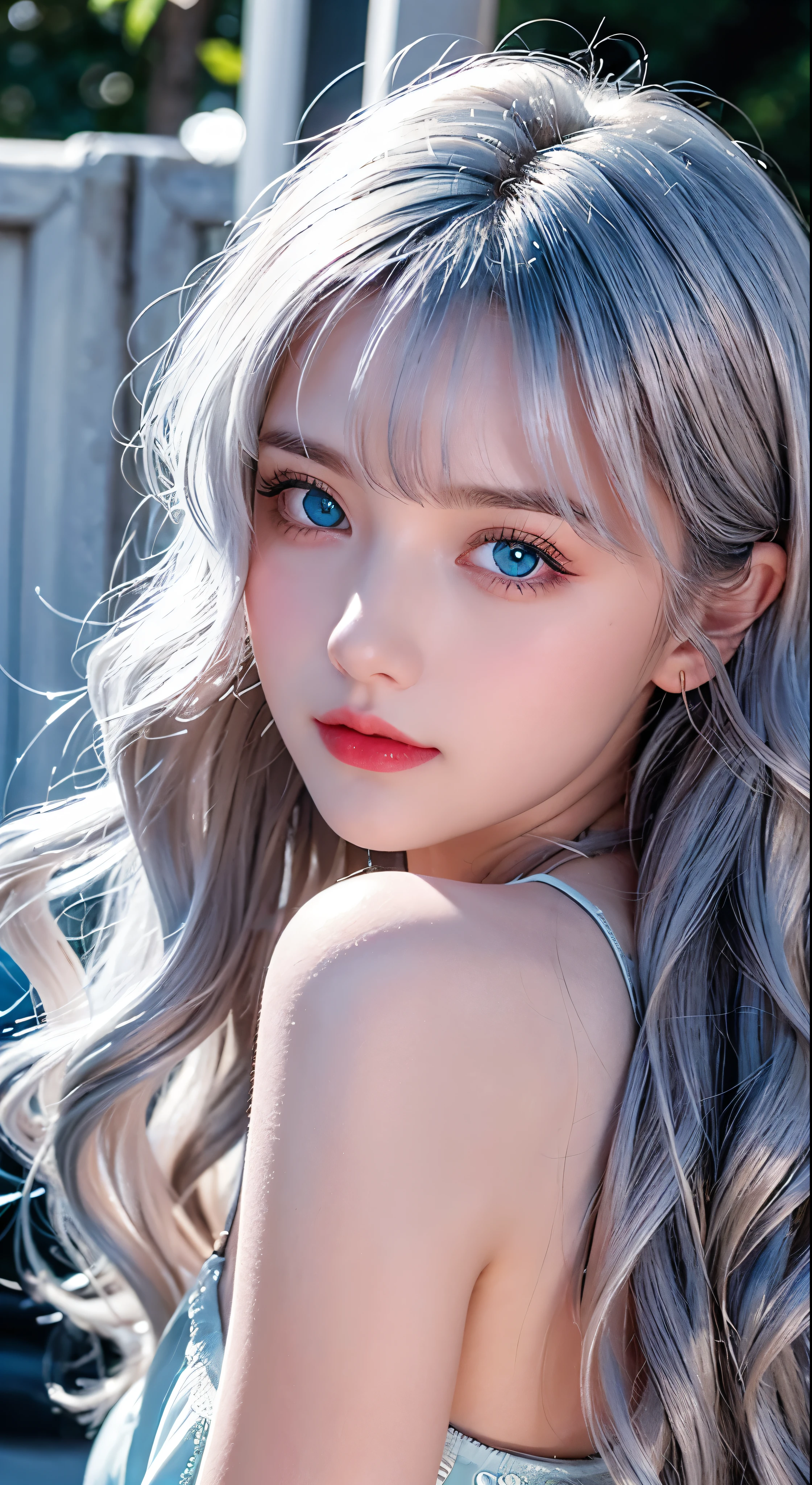 a close-up of a person holding an ice cream cone, sweet girl, woman with wavy silver hair, bangs, light blue eyes, red lips, tender green dress,