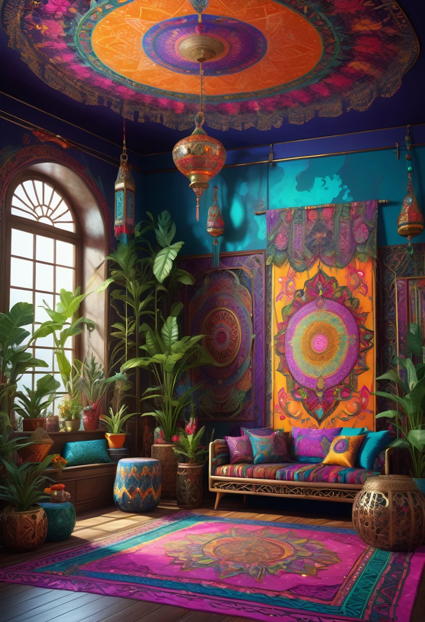 A high quality digital painting of a vibrant and eclectic (bohemian) com) interior with intricate patterns and eclectic decor, in the style of (hana yata), ultra high resolution 8k, super detailed, colorful, mystical, fantasy art, imaginary, surreal, unique, trending on artstation.