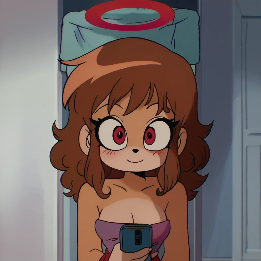 score_9, score_8_up, mobian, hedgehog, two-tone fur ((orange fur, brown fur)), wrapped in towel, medium breasts, two-tone hair (brown hair, black tip)), curly hair, halo, red eyes, longeyelashes, red eyes, smile, shy, blush, holding phone