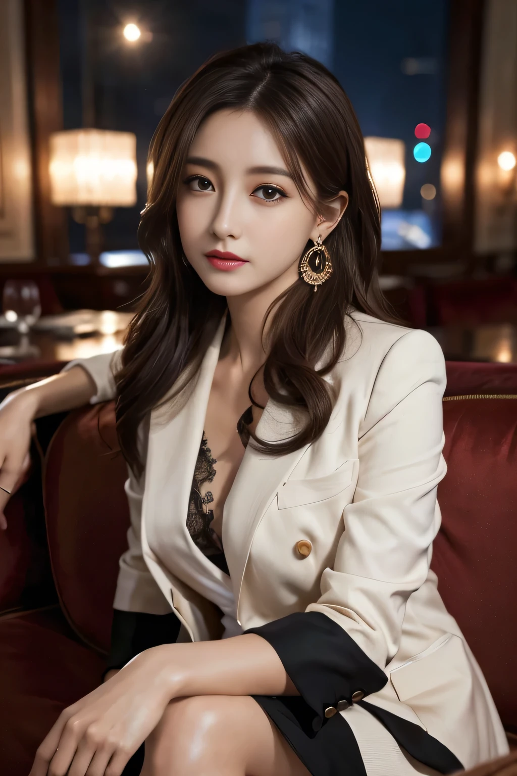 masterpiece, Highest quality, Realistic, Very detailed, Finer details, High resolution, 8k wallpaper, One beautiful woman, Wear a nice suit, In a great restaurant, At night, Light brown messy hair, Perfect dynamic composition, Beautiful and beautiful eyes、Big earrings、Sit on the sofa、