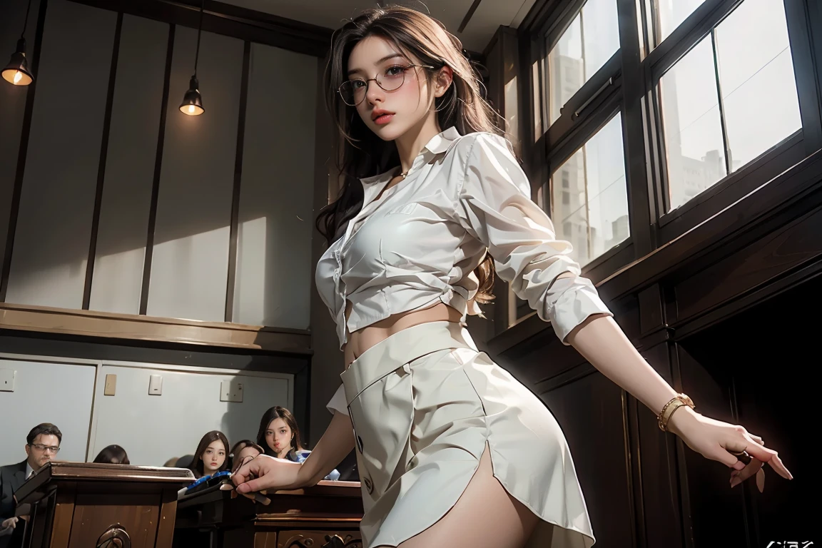 ((Masterpiece, top quality, high resolution, highly detailed CG unified 8K wallpaper, photorealistic, Raw photo, 8K)), (Female lawyer, persuading jurors in court:1.3), (wearing black suit, white shirt and tight black skirt, black tights:1.2), silver-rimmed glasses and thin watch, small gold badge on left breast of suit, holding bundle of documents in one hand, fountain pen in other hand, view from behind, View from below, facing away,