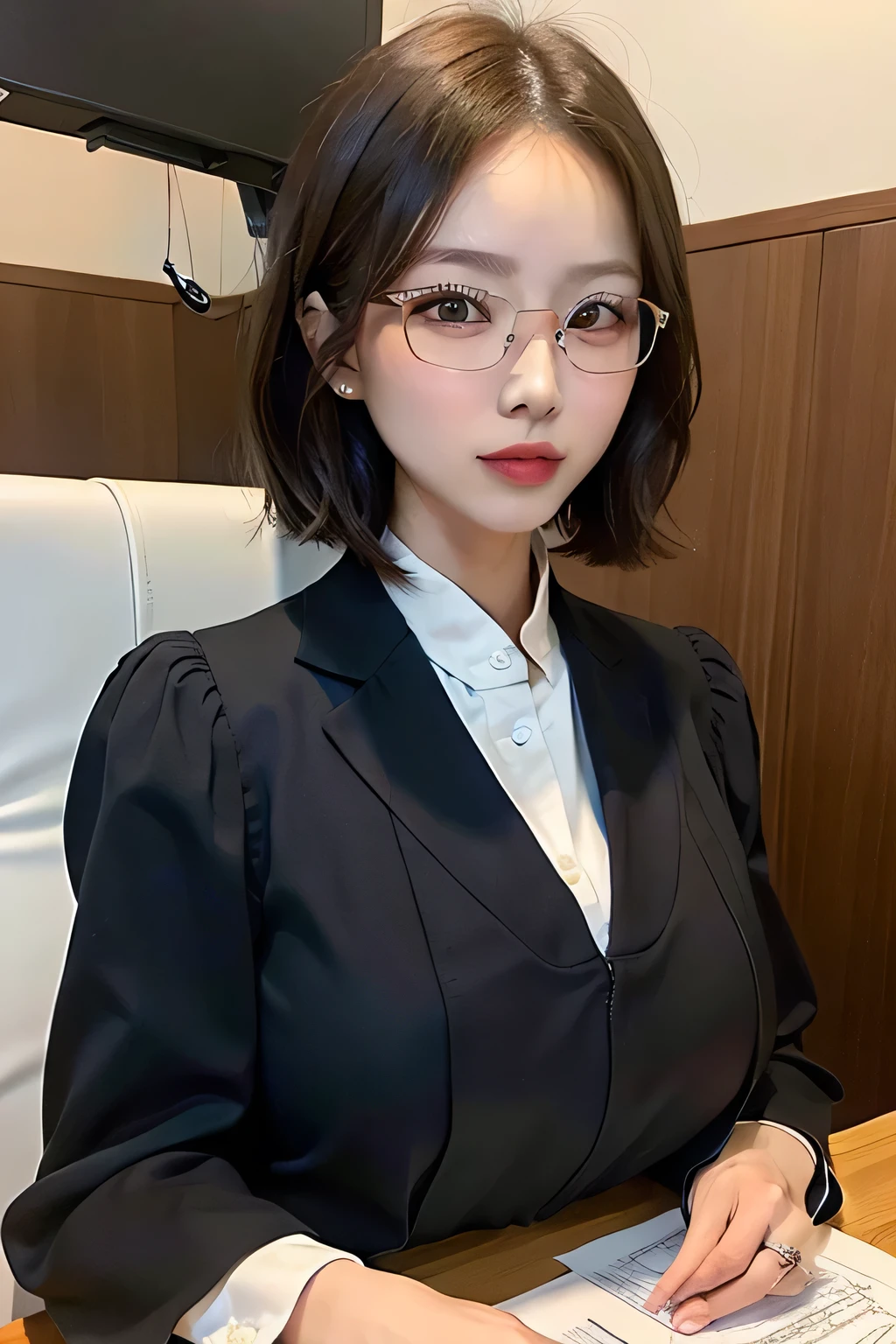 ((Best quality, 8k, Masterpiece :1.3)), 1girl, Pretty woman with emphasizing  abs :1.3, (short cut hairstyles, Huge breasts),Ultra-detailed face, Detailed eyes, Double eyelid,((Lawyer:1.8)),((law courts:1.4)),(suit:1.4),((glassese)),