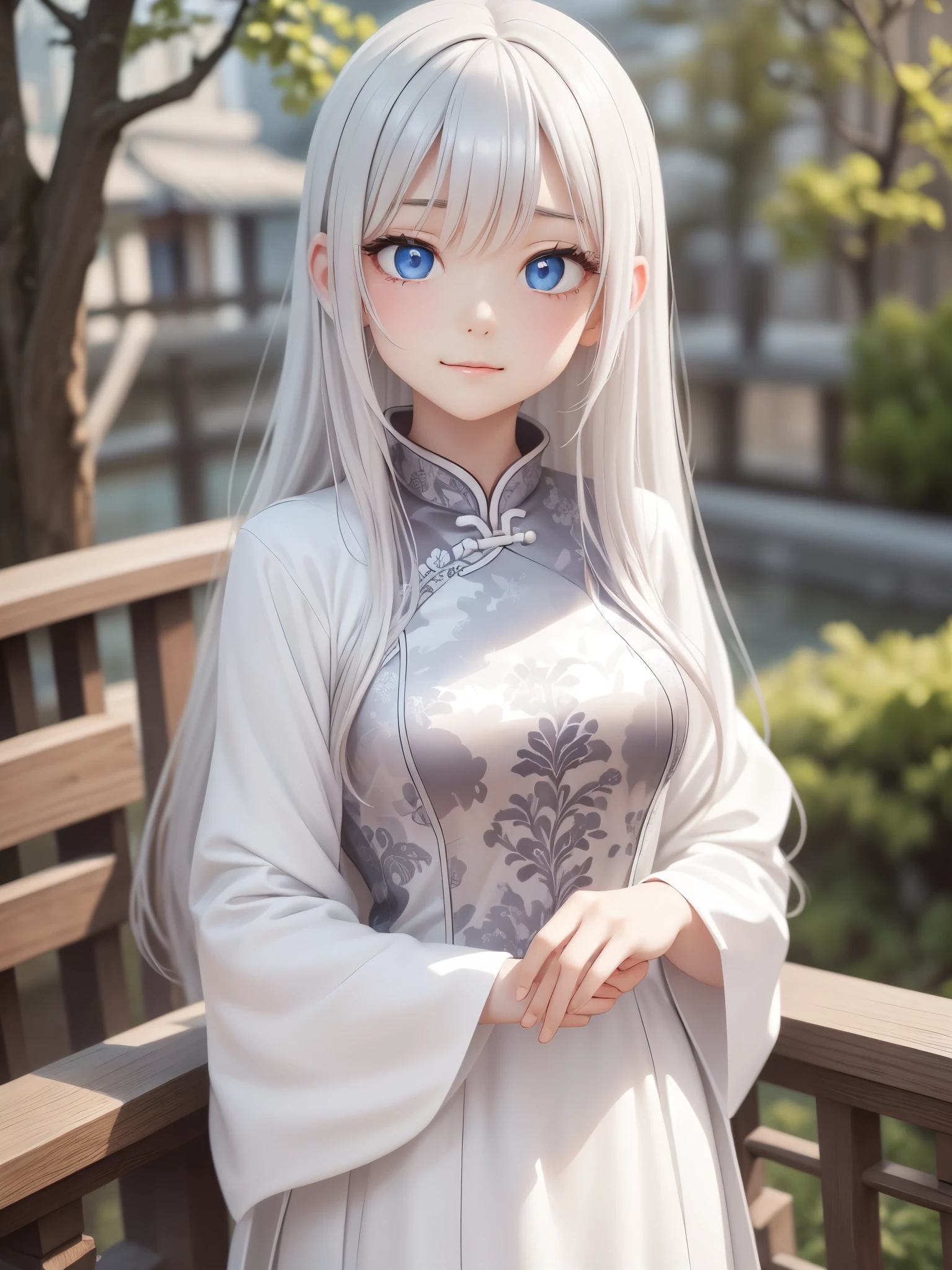 masterpiece, Highest quality, night, Outdoor, rainy days, branch, Chinese style, ancient China, 1 female,  A woman with long silvery white hair, Gray blue eyes, Pale pink lips, cold, Severe, weak, bangs, assassin,  White clothes, Black clothing pattern, stains,  Injury, rain, Beautiful Face, Beautiful Face,Sensual smile、