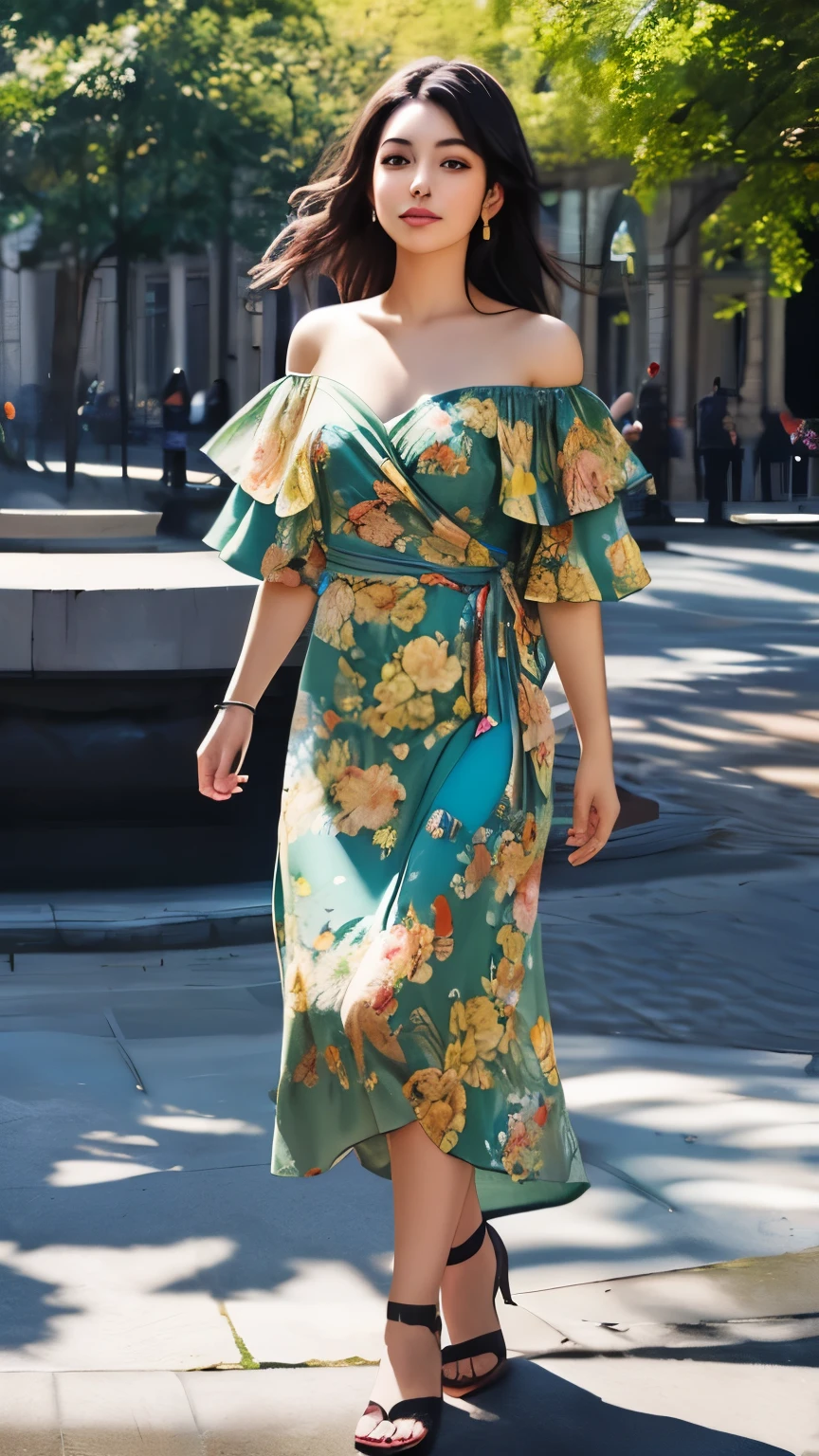 full body image of a Young Woman in Floral Print Off-the-Shoulder Wrap Dress, Natural Light, Oil Painting, Textured Brushstrokes ,Green Park, Telephoto Lens , Bright, Sunny Day , Canon EOS 5D Mark IV, 85mm Lens, Shallow Depth of Field