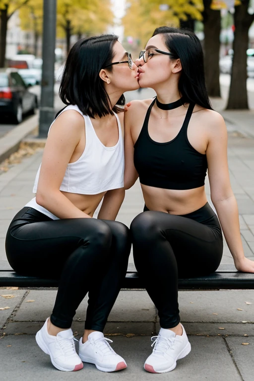  white girl with glasses and shoulder-length black hair, naked, with black leggings, with big breasts, on the street sitting on a bench kissing on the mouth with another girl sitting on top of her legs. Both with dog collars