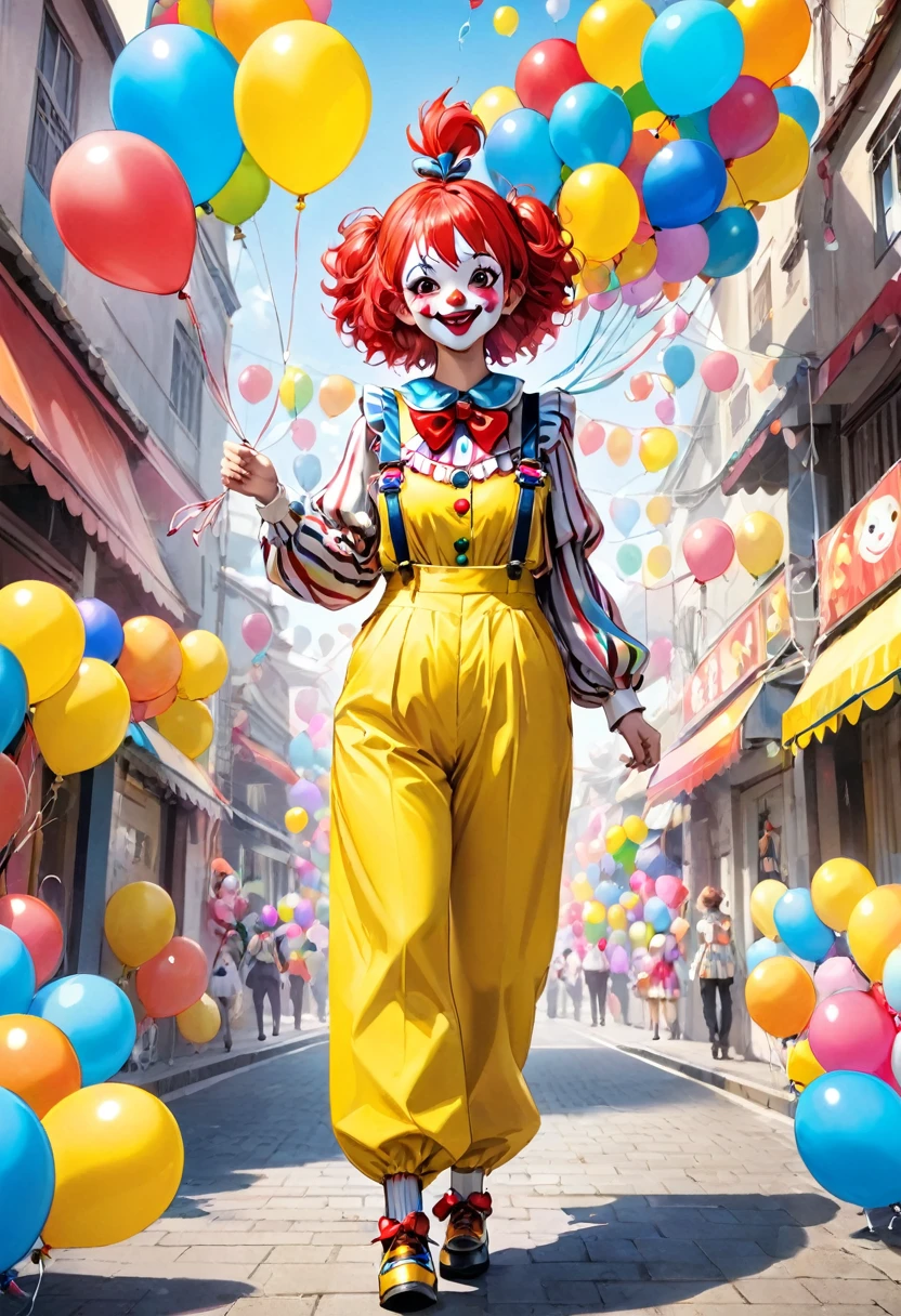 Full body portrait、Young and very beautiful woman、Clown costume、Red pants style、Walking、Hands straight down、front、The background is full of balloons、KAWAII,