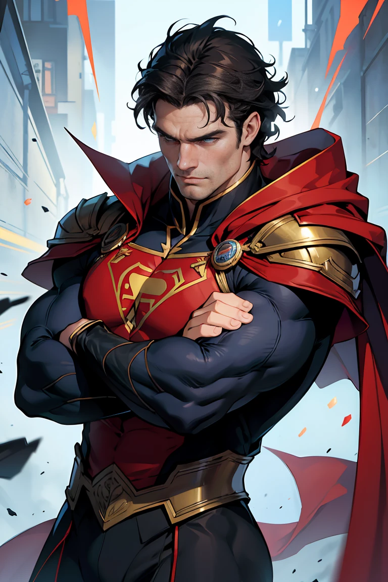 1 men, standing alone, Henry Cavill como Super-Homem, 40 year old, full suit with blue and red details, bare hands, big red S symbol on the chest, red cloak, strain of hair covering forehead, short-cut hair, tidy hair, Cao Cao, manly, hot body, muscular, broad shoulder, serious face, Bblack hair, best qualityer, high resolution:1.2, work of art, CRU photo, darkness background, detailed suit, face detailed, upper-body shot, crossed arms, runic scene in the background Experiment with portraying the dynamic nature of emotions. Use tourbillon, flowing, or kinetic brushstrokes to represent the movement of emotions within the portrait. shutter, Harry Cavill, portrait of Henry Cavill, Henry Cavill!!!, Henry Cavill, Super homen, Super homen pose, Show the model dynamically, action-oriented pose that exudes energy and movement. Experiment with dramatic angles and perspectives.