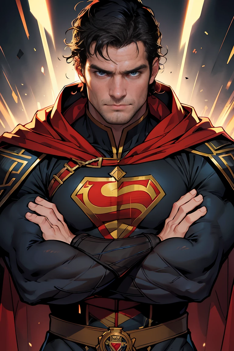 1 men, standing alone, Henry Cavill como Super-Homem, 40 year old, full suit with blue and red details, bare hands, big red S symbol on the chest, red cloak, strain of hair covering forehead, short-cut hair, tidy hair, Cao Cao, manly, hot body, muscular, broad shoulder, serious face, Bblack hair, best qualityer, high resolution:1.2, work of art, CRU photo, darkness background, detailed suit, face detailed, upper-body shot, crossed arms, runic scene in the background Experiment with portraying the dynamic nature of emotions. Use tourbillon, flowing, or kinetic brushstrokes to represent the movement of emotions within the portrait. shutter, Harry Cavill, portrait of Henry Cavill, Henry Cavill!!!, Henry Cavill, Super homen, Super homen pose, Show the model dynamically, action-oriented pose that exudes energy and movement. Experiment with dramatic angles and perspectives.