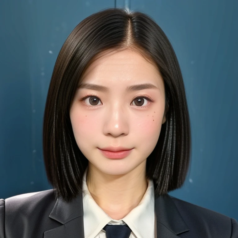 (kawaii 24 year-old Japanese girl, Nogizaka idol, Korean idol), (glossy black hair, short bob, hair length must be even and symmetric:1.3), (rounded face, single eyelid, no makeup, serious expression:1.2), (wearing suit jacket, collared shirt, necktie:1.3), (extra small breasts:0.9), (looking at viewer:1.2), BREAK, (simple blue background, yearbook background:1.3), (portrait, id photo, bust shot, view from vertically straight forward:1.3), (keep a margin on the top), BREAK, (masterpiece, best quality, photo realistic, official art:1.4), (UHD, 8K quality wallpaper, high resolution, raw photo, golden ratio:1.3), (shiny skin), professional lighting, physically based rendering, award winning, (highly detailed skin, extremely detailed face and eyes), Carl Zeiss 85 mm F/1.4, depth of field, 1girl, solo,