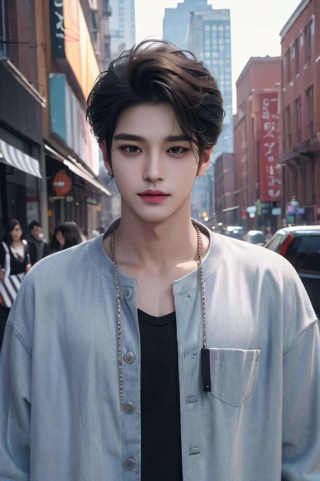 ((highest quality, 8K, masterpiece: 1.3)), New York City、Handsome boy in street fashion:1.5, 20-year-old、Delinquent boy、 well-groomed face, black hair color、thin face、（white skin:1.5）、whole body、black eyes、Korean boy with make-up、Hyunjin、Super handsome、sexy eyes、Extra-fine face, handsome nose, small eyes and face, beautiful lighting, High resolution, detailed mouth, smile, whole body: 1.5, perfect body shape、super slim，medium hair、STUSSY clothes、silver accessories、Oversized clothes、