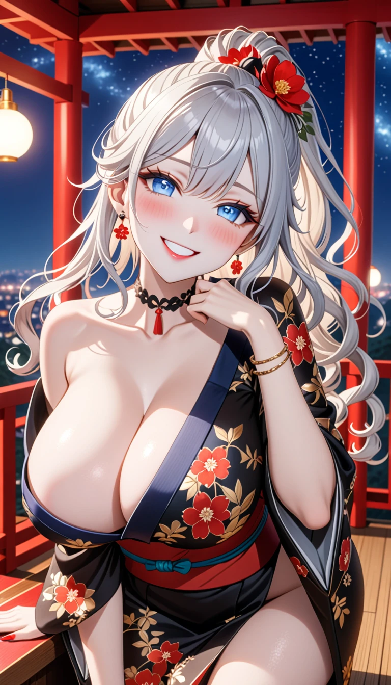 ultra-detailed, ((one girl)), (pale skin:1.5),  fair-skinned gyaru, ((A girl wearing a jet black kimono)),  (heavy makeup), (professional lighting), hyper detailed, absurdres, 8k, Beautiful Face, (Laugh shyly), ((teasing smile:1.2)), ((happy smile:1.4)),  ((Wink:1.4)), (Laugh with your mouth wide open),((Tilt your face:1.6)), View your viewers, ((full-face blush:1.4)), Glossy Red Lips, ((huge breasts:1.6)), undressing, ((Undressed up to the shoulders)), ((Her tattoo peeked through her kimono:1.3)), summer, night,A calm observation deck,Starry Sky, ((Anime style background)),masterpiece, Highest quality, so beautiful,Latest, Complex details, ((red long nail:1.2)), (ring),(bracelet), (Floral Choker),AI-generated, Complex,High resolution, Highest quality, super high quality,3D Images、3D Images,One person, (Silver White hair),Long Hair, (White high ponytail), (wavy hair:1.2)), Anime woman posing for a photo, ((Eyes with detailed pupils、blue eyes、glowing eyes:1.3)), (Squint your eyes:1.1),a hyperRealistic , hyperRealistic , Realistic,Anime woman with long white hair, Smooth anime CG art, ((A girl in a gorgeous black kimono:1.2)), ((black furisode:1.3)),Gold embroidery, (Large floral pattern in red color),  (sideboob), (Long red flower hair ornament),(big floral earrings), Mature Body, tall,Narrow waist, front view, ((Leaning forward:1.6)), ((Stick your butt out:1.4)), ((her hands clasped between her legs:1.3)),