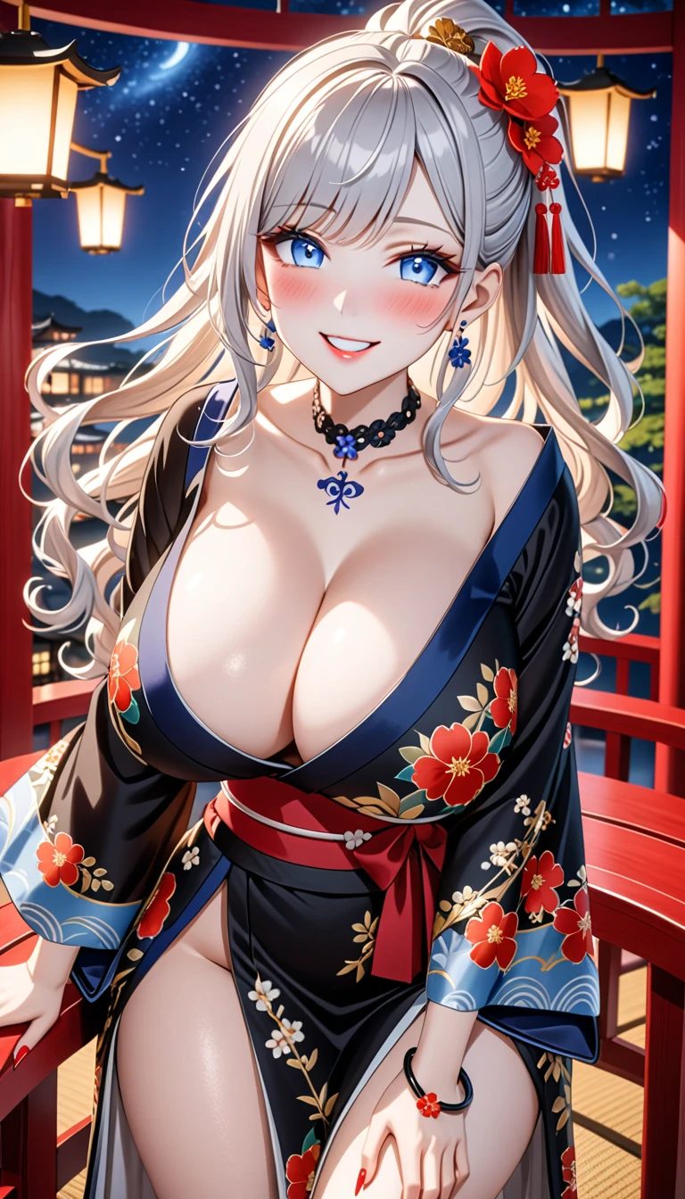 ultra-detailed, ((one girl)), (pale skin:1.5), fair-skinned gyaru, ((A girl wearing a jet black kimono)), (heavy makeup), (professional lighting), hyper detailed, absurdres, 8k, Beautiful Face, (Laugh shyly), ((teasing smile:1.2)), ((happy smile:1.4)), ((Wink:1.4)), (Laugh with your mouth wide open),((Tilt your face:1.6)), View your viewers, ((full-face blush:1.4)), Glossy Red Lips, ((huge breasts:1.6)), undressing, ((Undressed up to the shoulders)), ((Her tattoo peeked through her kimono:1.3)), summer, night,A calm observation deck,Starry Sky, ((Anime style background)),masterpiece, Highest quality, so beautiful,Latest, Complex details, ((red long nail:1.2)), (ring),(bracelet), (Floral Choker),AI-generated, Complex,High resolution, Highest quality, super high quality,3D Images、3D Images,One person, (Silver White hair),Long Hair, (White high ponytail), (wavy hair:1.2)), Anime woman posing for a photo, ((Eyes with detailed pupils、blue eyes、glowing eyes:1.3)), (Squint your eyes:1.1),a hyperRealistic , hyperRealistic , Realistic,Anime woman with long white hair, Smooth anime CG art, ((A girl in a gorgeous black kimono:1.2)), ((black furisode:1.3)),Gold embroidery, (Large floral pattern in red color), (sideboob), (Long red flower hair ornament),(big floral earrings), Mature Body, tall,Narrow waist, front view, ((Leaning forward:1.6)), ((Stick your butt out:1.4)), ((her hands clasped between her legs:1.3)),