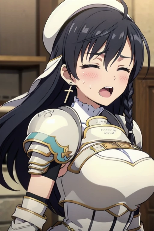 Sonia Blanche, cross earrings, hair ornament, veil, armored dress, pauldrons, breastplate, gauntlets, belt, skirt, greaves, (white beret), 1girl, solo, upper body, big breasts, facing viewer, looking at viewer, aroused facial expression, open mouth, scream, closed eyes, blush, sweat, close-up, blurry background