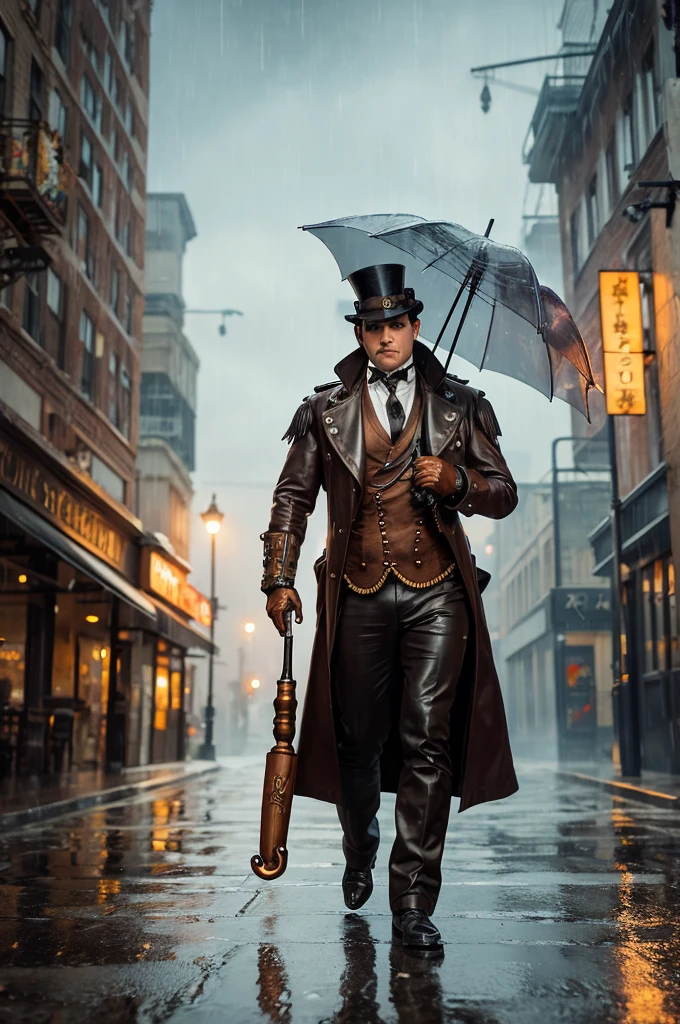 Steampunk penguin holding an umbrella in the rain