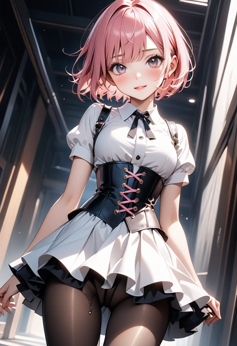 ((Fashion Model), (skirt), (pantyhose), corset costume)), skinny, solo, 1 woman, Masterpiece, highest quality, highest quality, 16K, incredibly absurd, highly detailed, 2.5D, ai-generated, delicate and dynamic, very delicate facial expressions, delicate eye depiction, erotic, only sexy woman, ((A cute and kind face)), healthy figure, ((25-year-old woman)), 160cm tall, medium firm swaying bust,, (short hair), (pink hair:1.5), bob cut, black eye, blush, Sweat,Embarrassed,sexy, ((thin thighs)), (Erect nipples,:0.5), shiny and lustrous, facing straight at viewer, (in heat), ((Oily_skin)), ((dutch angle)), ((erotic pose)), Fashion Model poses, Fashion Model style, (Close-up),