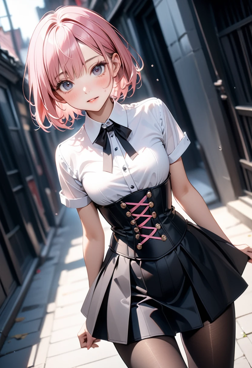((Fashion Model), (skirt), (pantyhose), corset costume)), skinny, solo, 1 woman, Masterpiece, highest quality, highest quality, 16K, incredibly absurd, highly detailed, 2.5D, ai-generated, delicate and dynamic, very delicate facial expressions, delicate eye depiction, erotic, only sexy woman, ((A cute and kind face)), healthy figure, ((25-year-old woman)), 160cm tall, medium firm swaying bust,, (short hair), (pink hair:1.5), bob cut, black eye, blush, Sweat,Embarrassed,sexy, ((thin thighs)), (Erect nipples,:0.5), shiny and lustrous, facing straight at viewer, (in heat), ((Oily_skin)), ((dutch angle)), ((erotic pose)), Fashion Model poses, Fashion Model style, (Close-up),