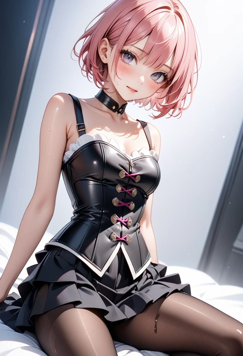 ((Fashion Model), (skirt), (pantyhose), corset costume)), skinny, solo, 1 woman, Masterpiece, highest quality, highest quality, 16K, incredibly absurd, highly detailed, 2.5D, ai-generated, delicate and dynamic, very delicate facial expressions, delicate eye depiction, erotic, only sexy woman, ((A cute and kind face)), healthy figure, ((25-year-old woman)), 160cm tall, medium firm swaying bust,, (short hair), (pink hair:1.5), bob cut, black eye, blush, Sweat,Embarrassed,sexy, ((thin thighs)), (Erect nipples,:0.5), shiny and lustrous, facing straight at viewer,  (in heat), ((Oily_skin)), ((dutch angle)), ((erotic pose)), Fashion Model poses, Fashion Model style, (Close-up),