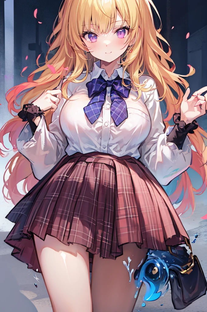 One Woman、Cute woman、Gal、Blonde long hair、wavy hair、Big Breasts、Pastel purple uniform、Short skirt、