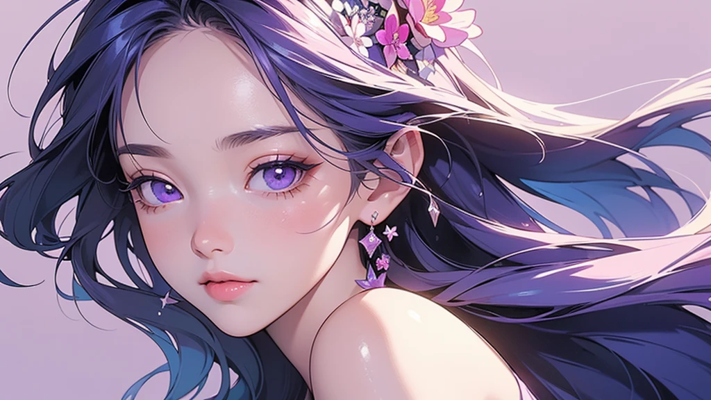 One girl, alone, flower束, flower, (Official Art, unity 8k wallpaper, Super detailed, beautifully、aesthetic, masterpiece ,Highest quality:1.3), (Floating colorful sparkles:1) , elegant, Vibrant colors, Highly detailed face, Detailed eyes, Glowing Skin, Glossy Lips , Pale purple background,