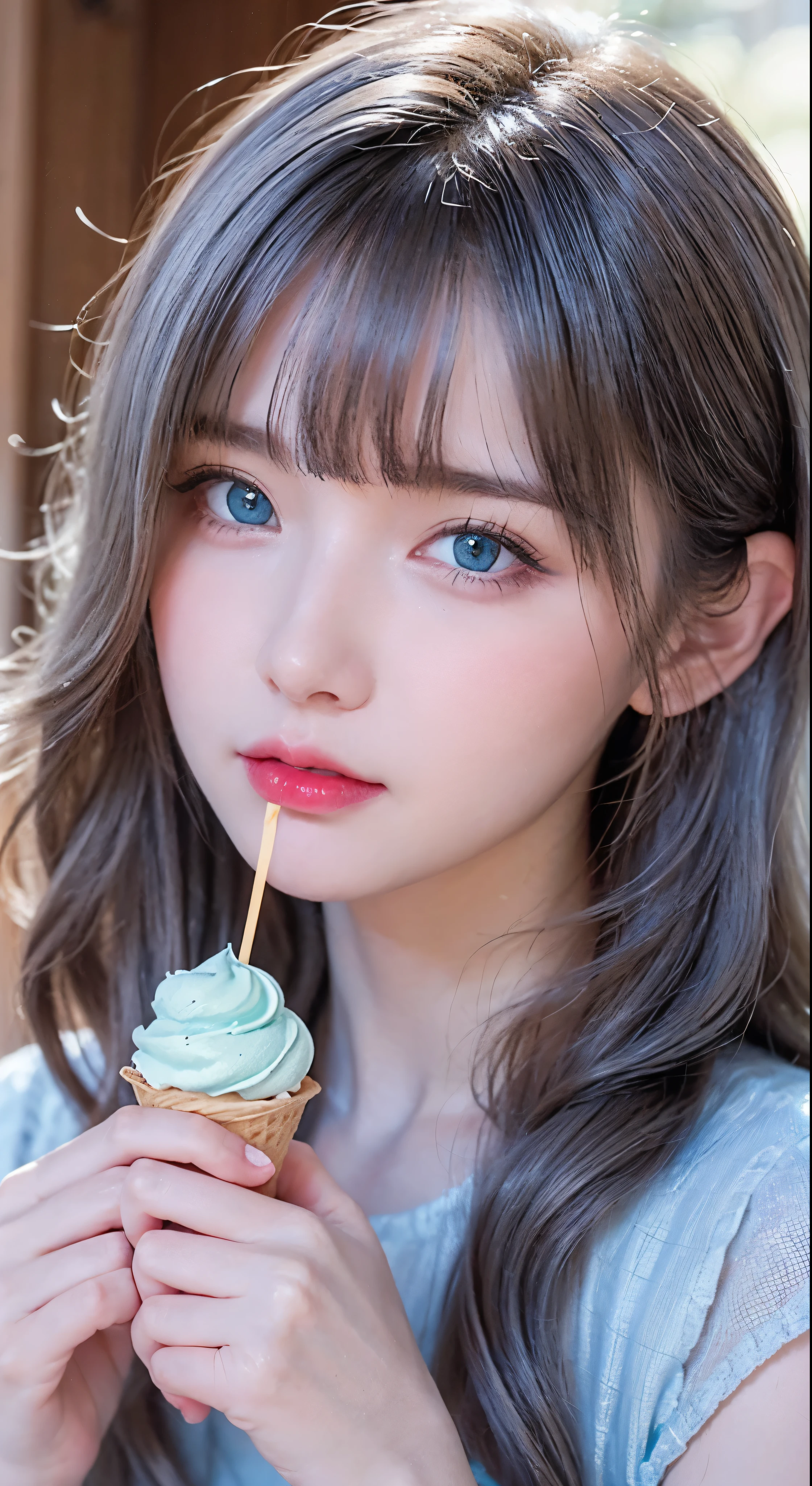 a close-up of a person holding an ice cream cone, sweet girl, woman with wavy silver hair, bangs, light blue eyes, red lips, tender green dress,