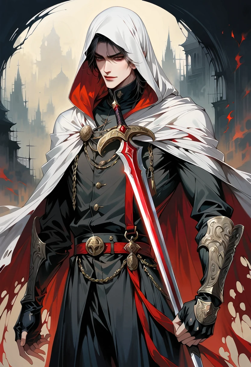 he male character has short, dark red hair styled in a slightly messy yet deliberate manner. His eyes are a striking amber, exuding a sense of confidence and determination. He has a stern and focused expression. He wears a black, high-collared coat with silver buttons and intricate detailing, reminiscent of a military or ceremonial uniform. The coat flows down dramatically, with a vibrant red inner lining that adds a bold contrast to his appearance. Attached to the coat is a hood that frames his face, adding an element of mystery and stealth.

Underneath the coat, he sports a fitted, black, buttoned shirt paired with black pants and a belt adorned with a chain, completing his sleek and polished look. He has fingerless gloves on his hands, adding a touch of ruggedness. Around his neck, he wears a silver necklace that complements his overall attire. The character wields a golden spear with a beautifully detailed shaft adorned with intricate carvings of ancient symbols, hinting at its mystical origins and the character's formidable prowess in battle.

In addition to the spear, he carries another sword, the size of a dagger. This secondary weapon is broken, with its blade jagged and incomplete. Its sheath is adorned with a small piece of cloth, giving it a weathered and battle-worn appearance. His stance and expression reflect a formidable and confident demeanor, ready for any challenge.