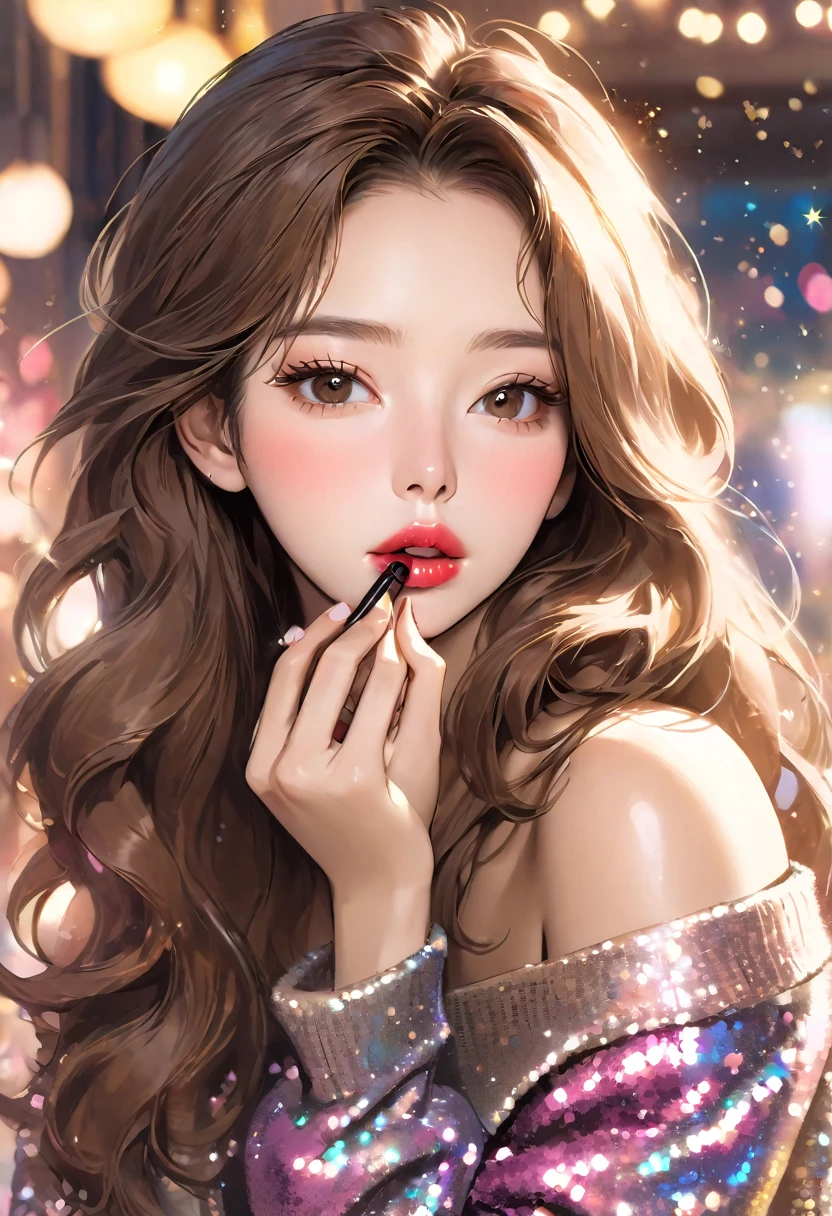 A close-up of a beautiful girl with long brown hair, wearing an off-shoulder sweater, looking mature, with makeup on her face, applying lipstick to her mouth, beautiful, older woman, glitter eye makeup, Korean-style makeup, a masterpiece 