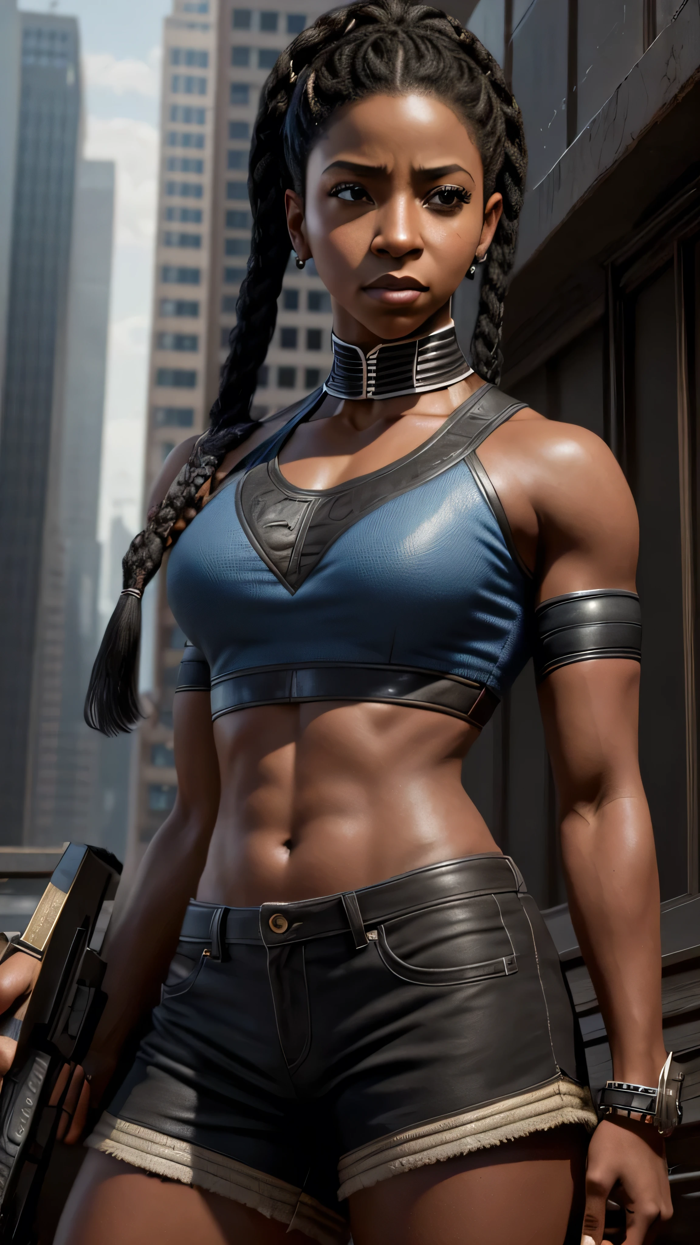 (Teyonah Parris) as Jacqui Briggs from Mortal Kombat, black hair rings, brown eyes, cyberpunk armor, cyberpunk guantlets, cyberpunk boots, standing, city, (insanely detailed, beautiful detailed face, masterpiece, best quality), cinematic lighting, 1woman, solo, full body view, front view, looking at viewer, intricate, high detail, sharp focus, dramatic, photorealistic painting art by greg rutkowski