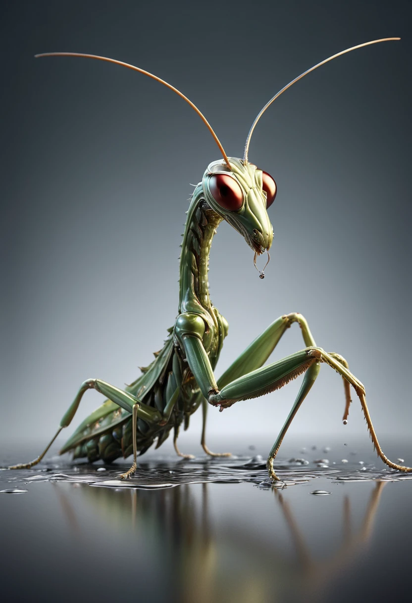 (mercury composed of one Colorful mantis :1.8)rising from a puddle of liquid mercury, extremely shiny, smooth surface texture, polished surface, reflective, 45 degrees angle from the front, tesselation ral-chrome, Photorealistic, Hyperrealistic, Hyperdetailed, analog style, detailed skin, matte skin, soft lighting, subsurface scattering, realistic, heavy shadow, masterpiece, best quality, ultra realistic, 8k, golden ratio, Intricate, High Detail, film photography, soft focus