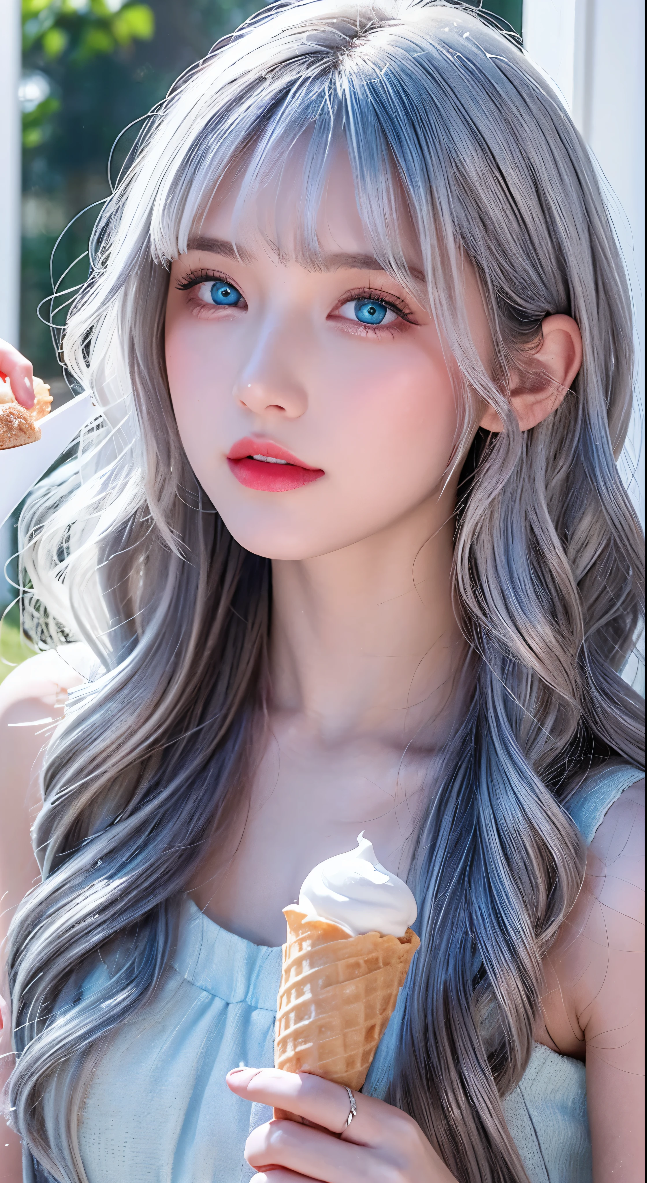 a close-up of a person holding an ice cream cone, sweet girl, woman with wavy silver hair, bangs, light blue eyes, red lips, tender green dress,