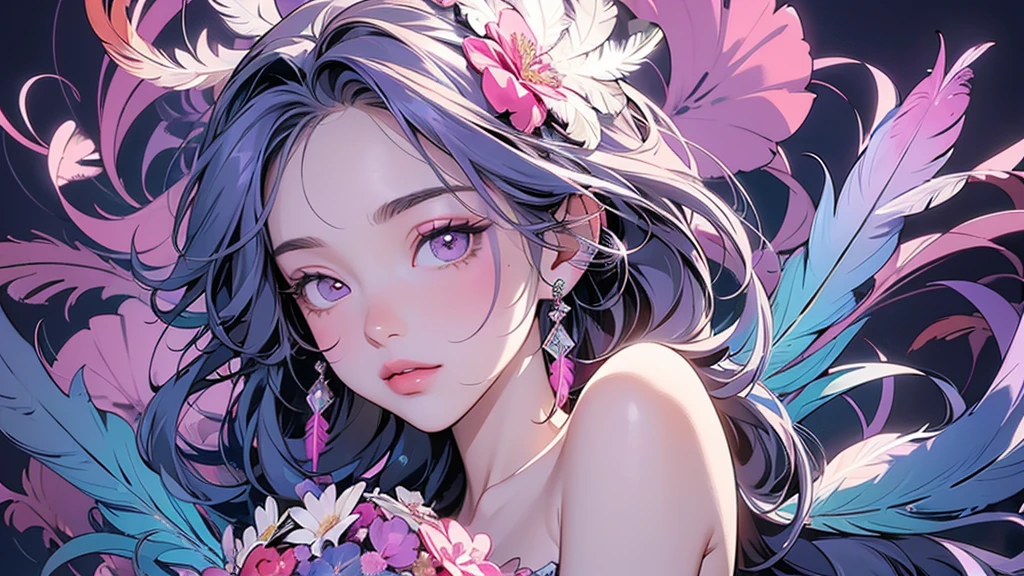 (ultra-Detailed Background, Detailed Background), Absurd, High resolution, Super detailed, Very detailedな, One girl, (bouquet:1.3), (Tangled:1.2), (Geometric:1.2),(colorful),(masterpiece, quality, best quality, Official Art, Beautiful and beautiful:1.2), (1 girl:1.3), Very detailed,(colorful:1.1)(Flowers:1.3),Most detailed,(Tangled:1.2), whole body, (Abstract background:1.3), (Skin glows), (Many colors:1.4), ,(Earrings Feather:1.5), Pale Purple Background,