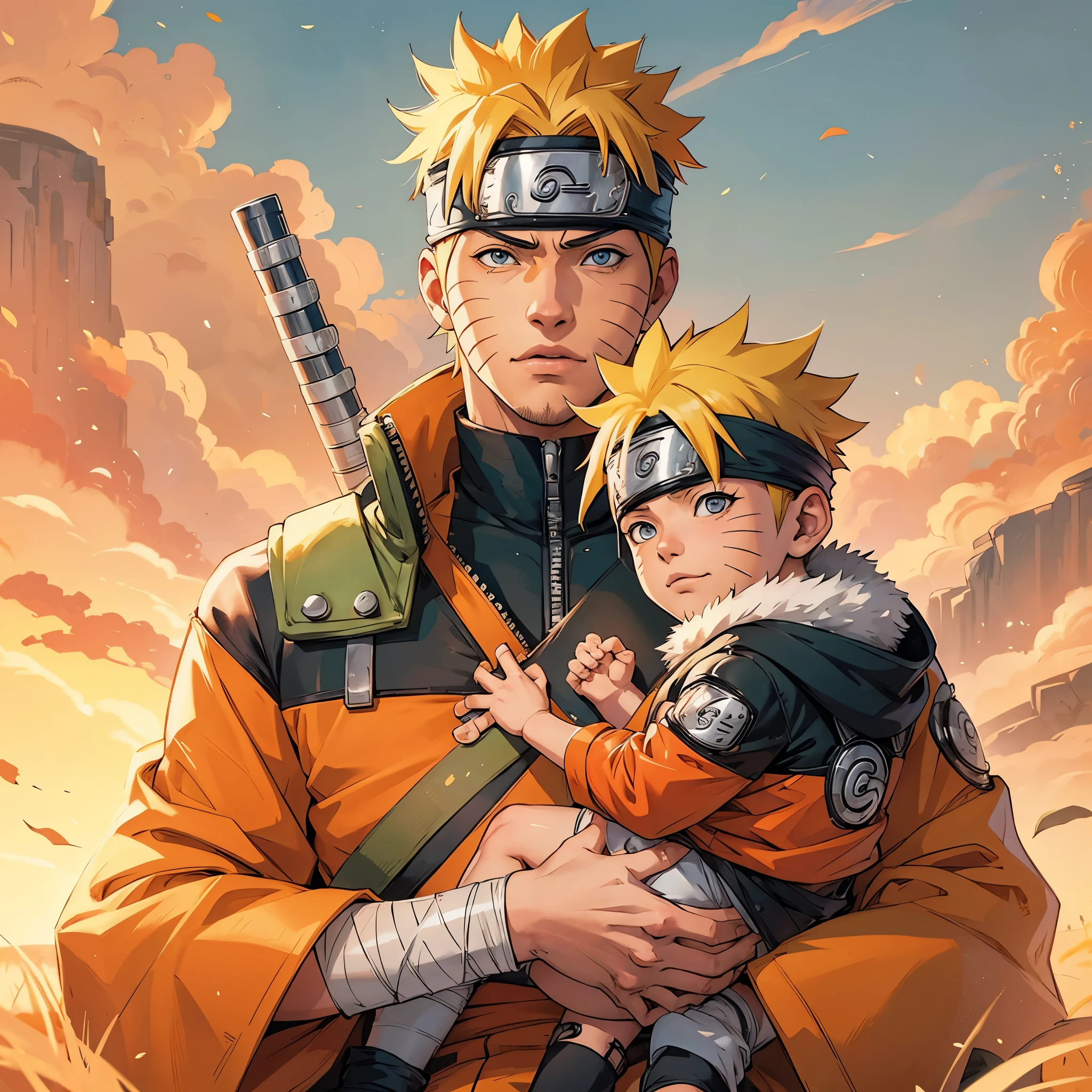 Naruto holding his son Boruto on his lap, extremely lifelike, very beautiful