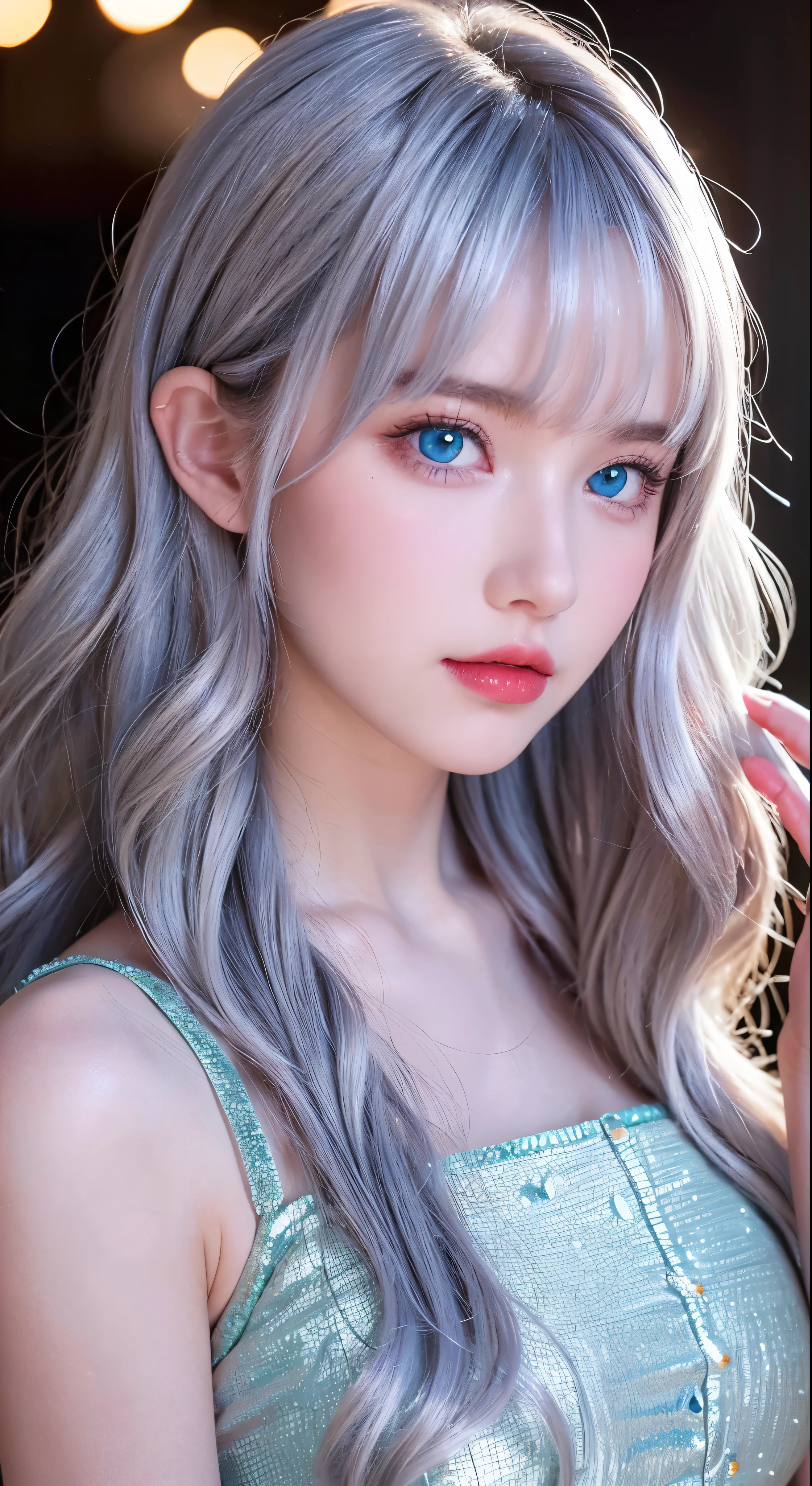 a close-up of a person holding an ice cream cone, sweet girl, woman with wavy silver hair, bangs, light blue eyes, red lips, tender green dress,